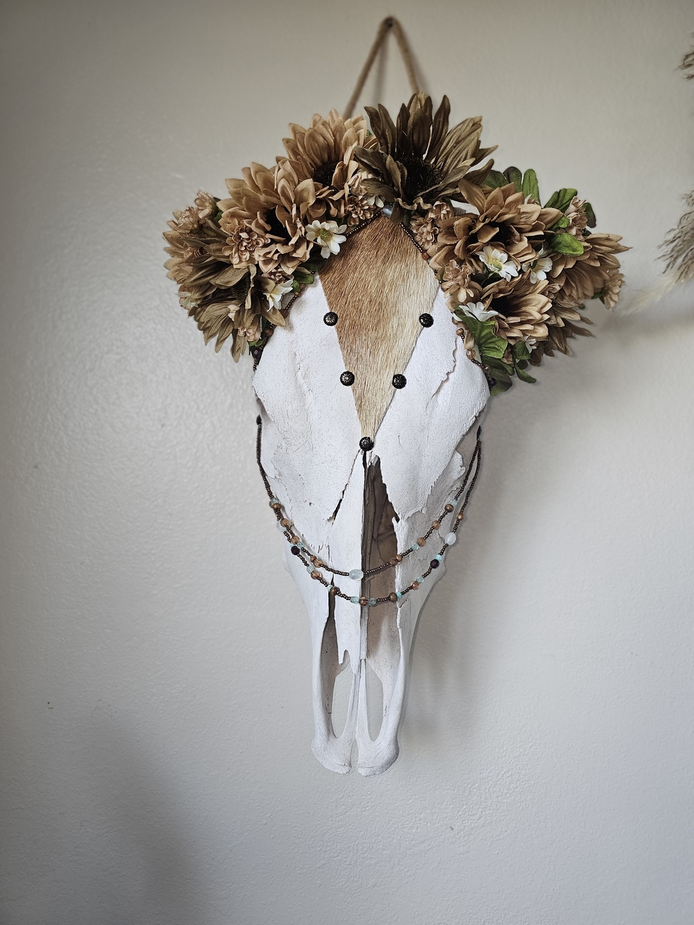 Cow Skull Wall Decor with Tan Floral Crown And Cowhide